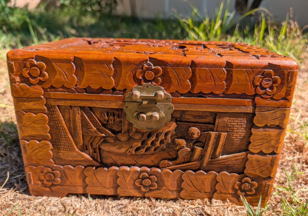 Antique Camphor Chinese Hand Carved Wooden Chest Jewelry Box Nautical Scene